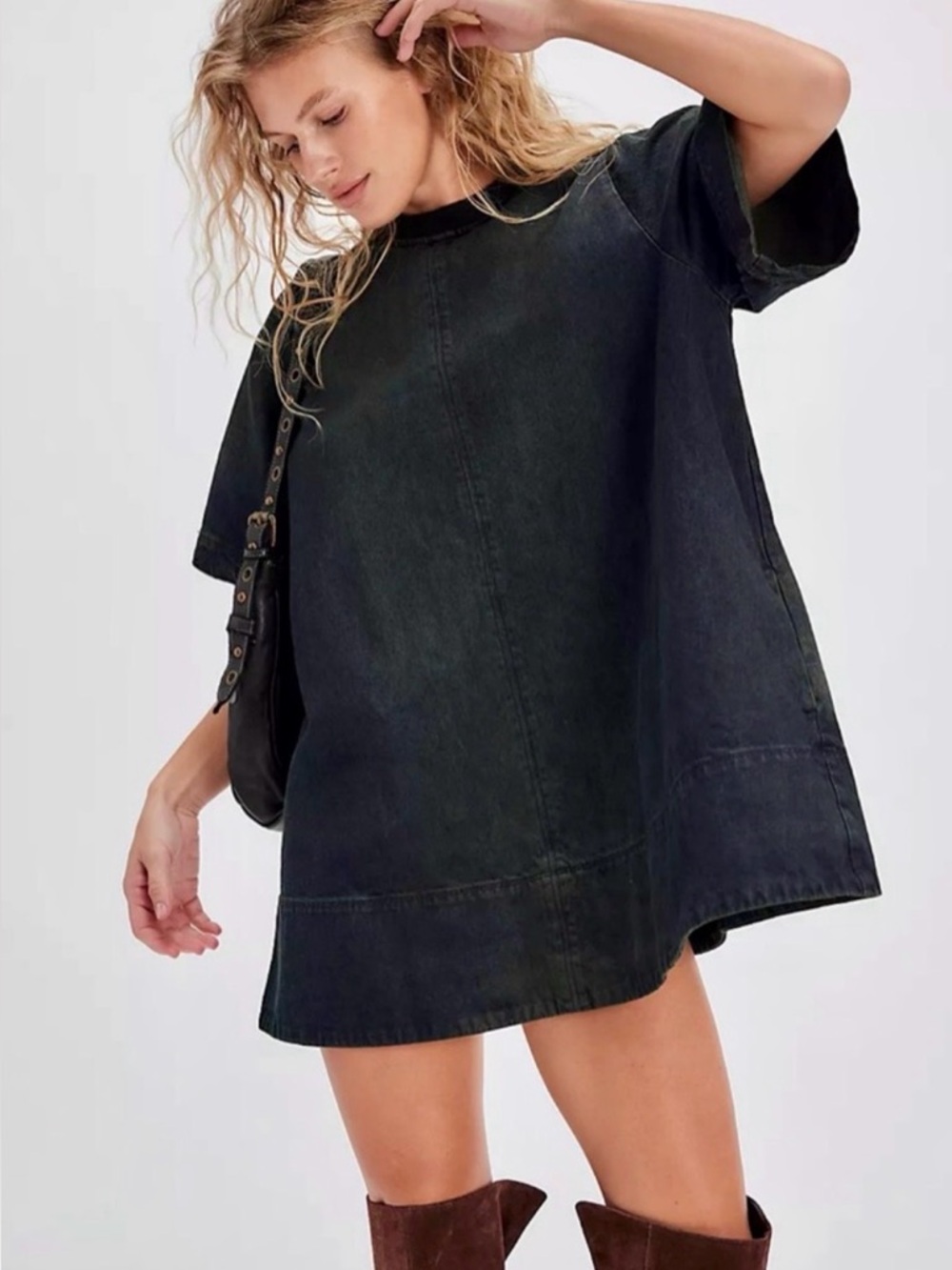 NWT Free People DenimWashed Harlow A Line Mini Dress in Anthracite 2 pockets
